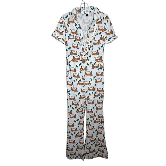 SHEIN Short Sleeve White Flare Jumpsuit Size XS My Body My Rules Buton Up - Picture 1 of 12